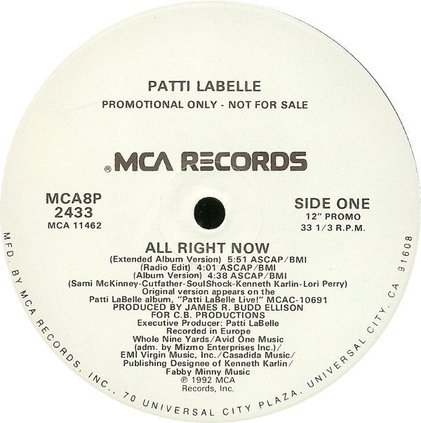 Patti LaBelle : All Right Now (12", Promo)