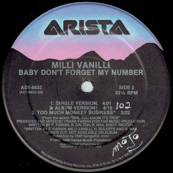 Milli Vanilli : Baby Don't Forget My Number (12", Single)