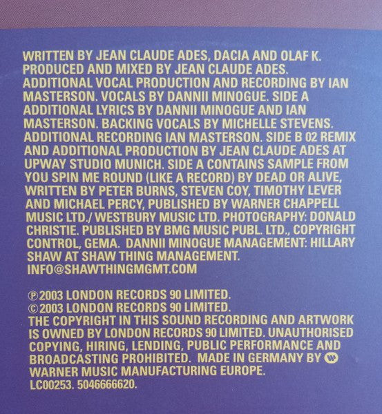 Dannii Minogue Vs. Dead Or Alive : Begin To Spin Me Round (12")