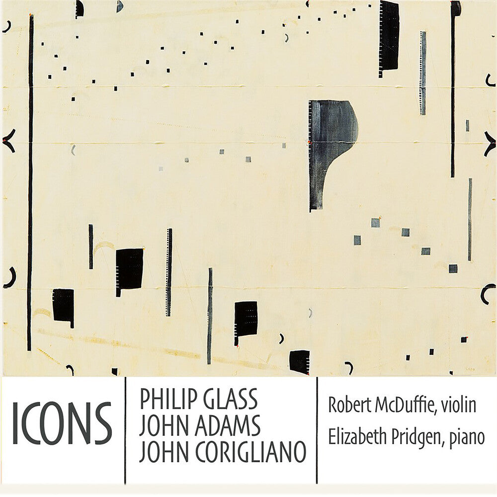the album cover for Robert Mcduffie/ Pridgen,Elizabeth - Icons: Philip Glass John Adams & John Corigliano