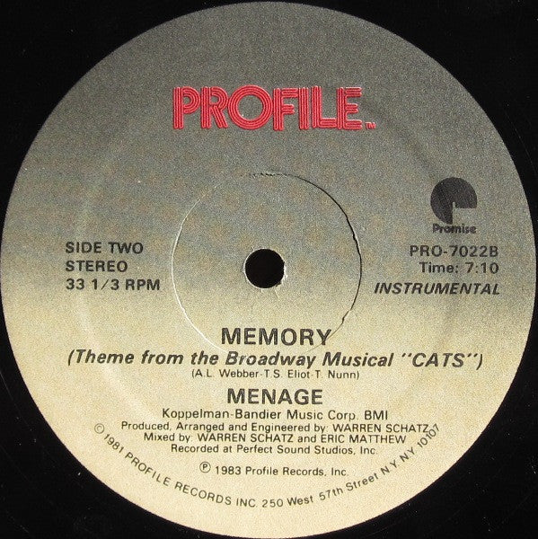 Menage (2) : Memory (Theme From The Broadway Musical "Cats") (12", Single)