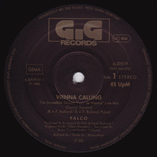 Falco : Vienna Calling (The Incredible Grand »Tour De Vienna« Live Mix) (Tourist-Version) (12", Maxi)