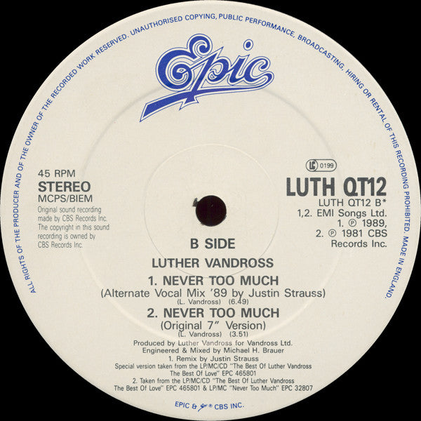 Luther Vandross : Never Too Much (Ben Liebrand Remix) (12")