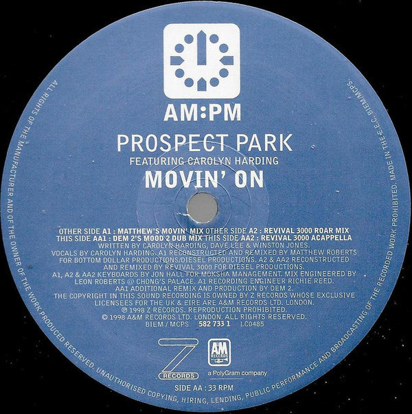 Prospect Park Featuring Carolyn Harding : Movin' On (Matthew Roberts / Revival 3000 / Dem 2 Mixes) (12", Par)
