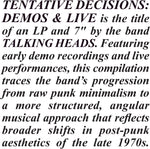 the album cover for Talking Heads - Tentative Decisions: Demos & Live (Wsv)