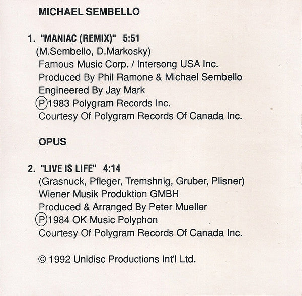 Michael Sembello / Opus : Maniac (Remix) / Live Is Life (CD, Maxi)