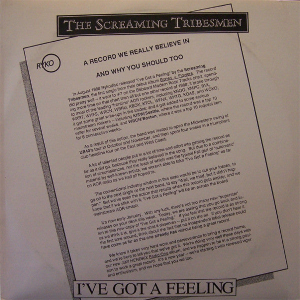 The Screaming Tribesmen : I've Got A Feeling (12", Single, Promo)