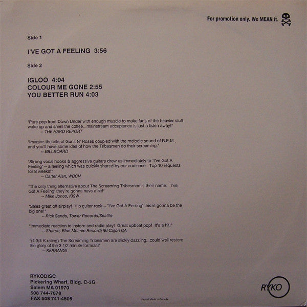 The Screaming Tribesmen : I've Got A Feeling (12", Single, Promo)