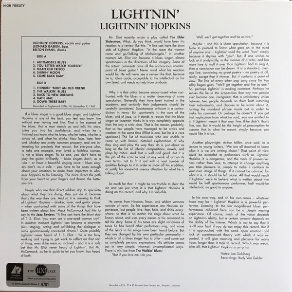 Lightnin' Hopkins : Lightnin' (The Blues Of Lightnin' Hopkins) (2x12", Album, Ltd, Num, RE, RM, 180)