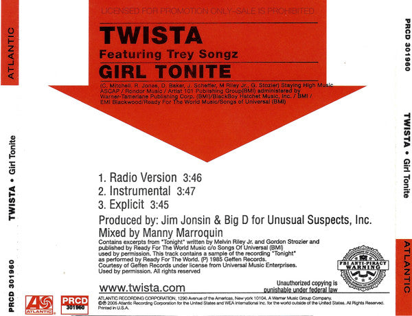 Twista Featuring Trey Songz : Girl Tonite (CD, Single, Promo)