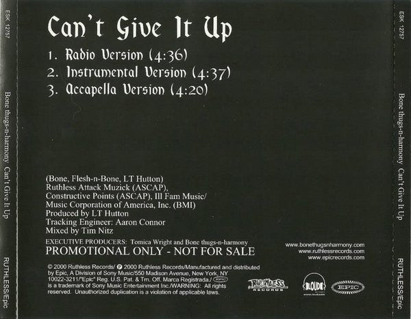 Bone Thugs-N-Harmony : Can't Give It Up (CD, Single, Promo)