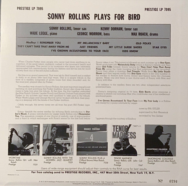 Sonny Rollins Quintet With Kenny Dorham And Max Roach : Rollins Plays For Bird (LP, Album, Mono, Ltd, RE, RM, 200)