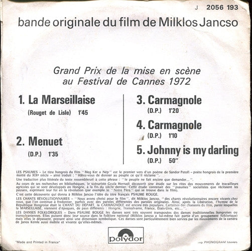 Sebő Ferenc*, Cseh Tamás : Bande Originale De Psaume Rouge - Un Film-Épopée De Miklos Jancso (Des Danses Populaires... Aux Chants Revolutionnaires De Hongrie) (7", EP)