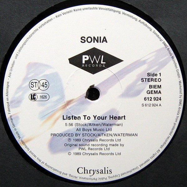 Sonia : Listen To Your Heart (12", Maxi)