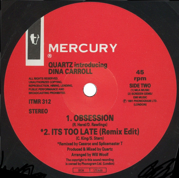 Quartz (2) Introducing Dina Carroll : It's Too Late (Remix) (12")