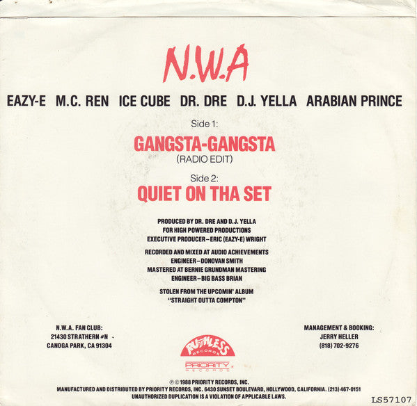N.W.A* : Gangsta Gangsta / Quiet On Tha Set (7")