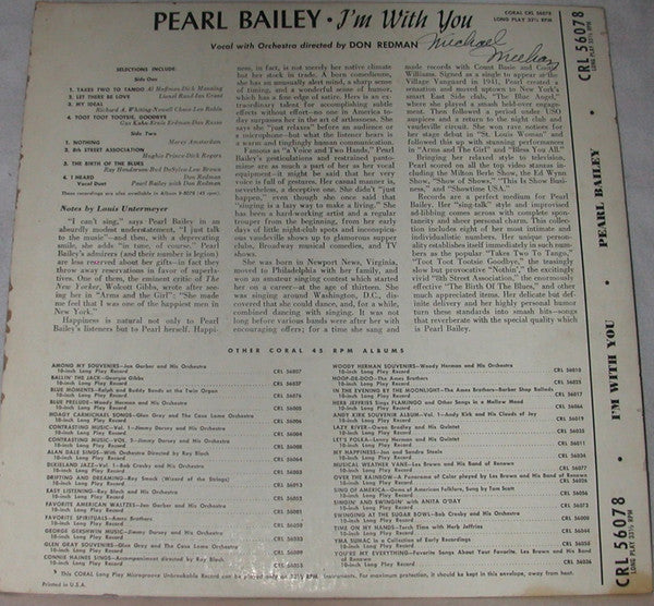 Pearl Bailey : I'm With You (10", Album)