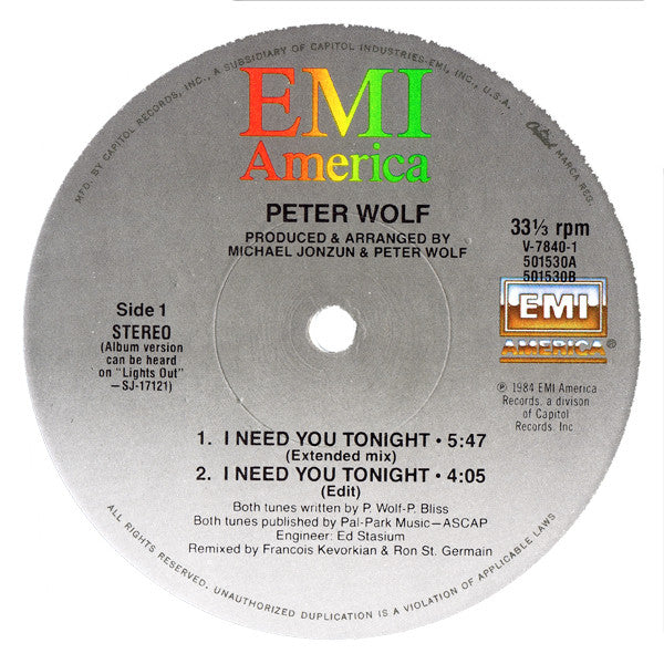 Peter Wolf : I Need You Tonight (12")
