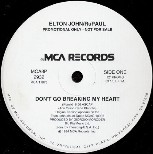Elton John / RuPaul : Don't Go Breaking My Heart (12", Promo)