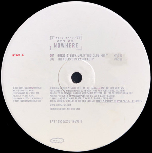 Gloria Estefan : Out Of Nowhere (12", Single, Promo)