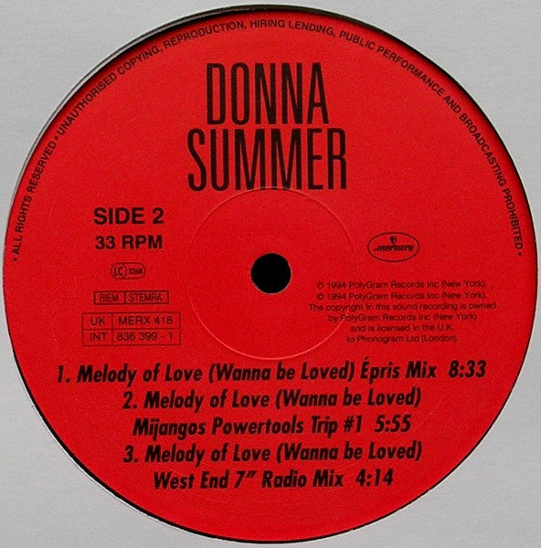 Donna Summer : Melody Of Love (Wanna Be Loved) (12", Single)