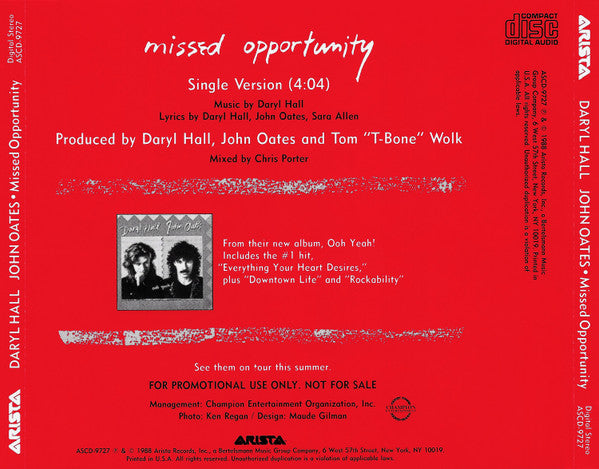 Daryl Hall & John Oates : Missed Opportunity (CD, Single, Promo)