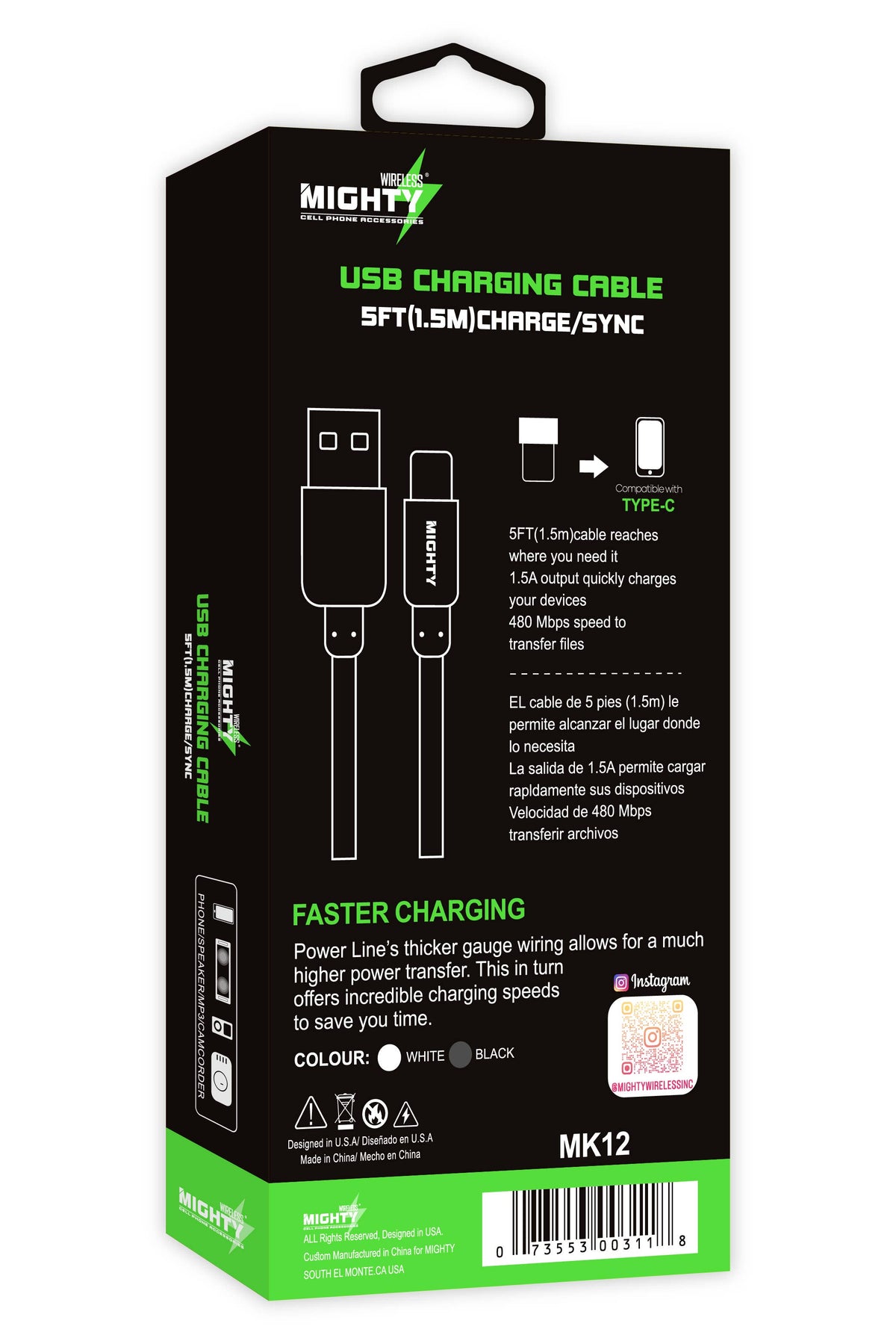 Mighty Fast Charging 5FT Type-C Cable Black MK12