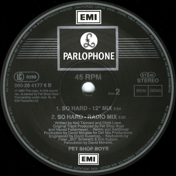 Pet Shop Boys : So Hard (Remix By David Morales) (12", Maxi)