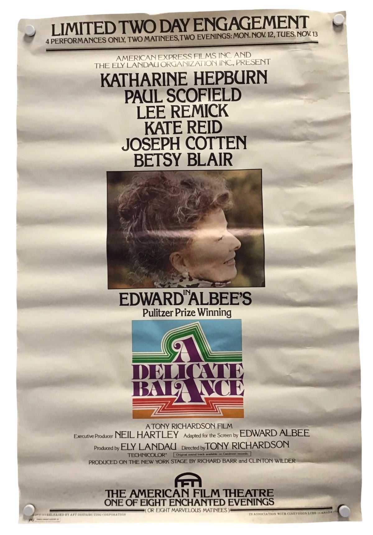 Vintage movie poster for 'A Delicate Balance' hanging against a white wall, featuring cast names Katharine Hepburn, Paul Scofield, Lee Remick, Kate Reid, and Betsy Blair, with a central portrait photo and the film title logo near the bottom.