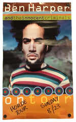 A vintage Ben Harper and the Innocent Criminals concert poster for the 'On Tour' tour, featuring a portrait of Ben Harper in a striped shirt, with handwritten text reading 'Horde Tour' and 'Sunday 8/23' on an orange background.