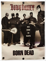 A rectangular poster featuring the band Body Count with a sepia-toned group photo, red gothic 'Body Count' text at the top, and 'BORN DEAD' in large black letters at the bottom. The poster is shown hanging against a plain white background with visible wall holes and a slight drop shadow.