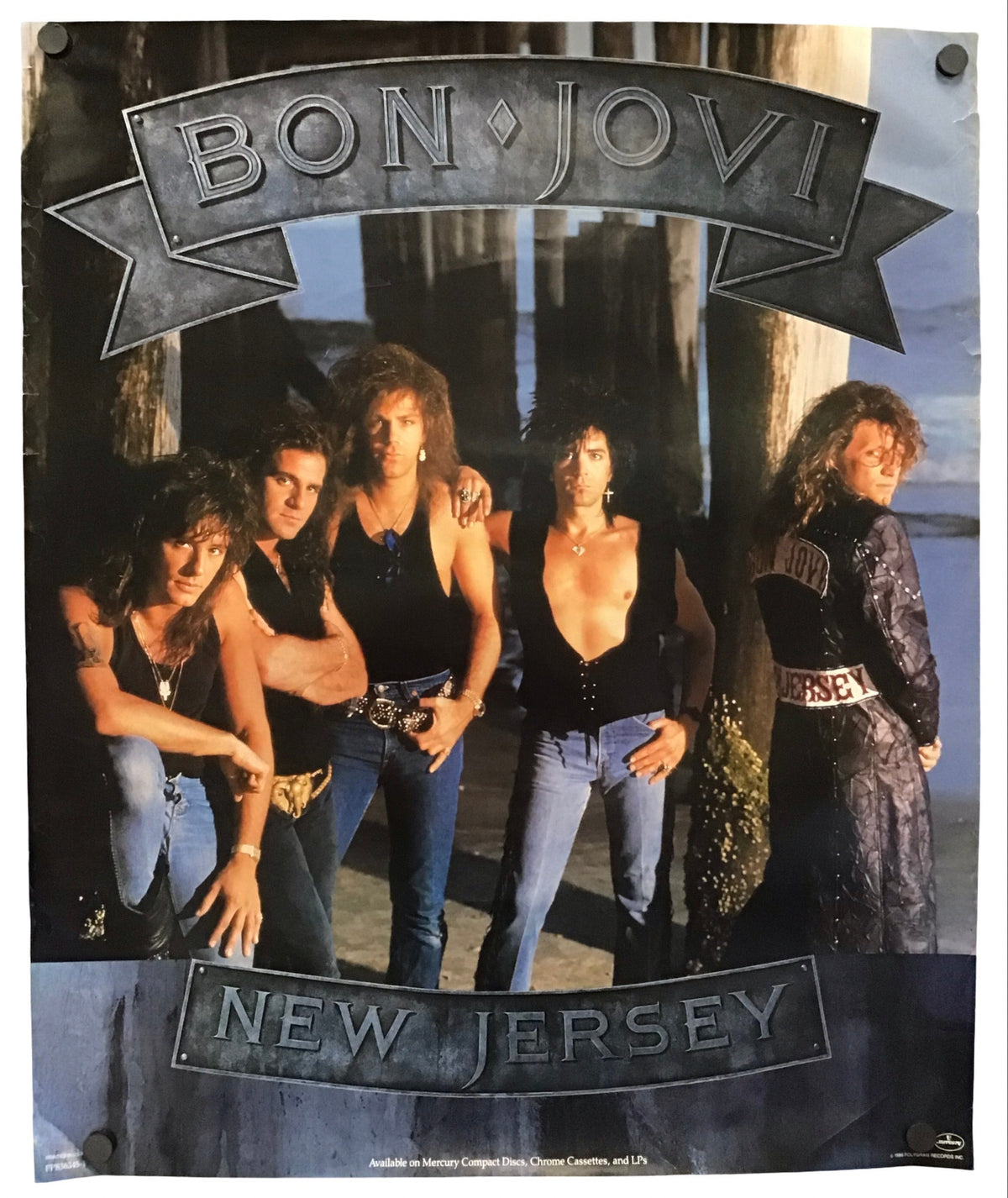 A vintage-style Bon Jovi poster featuring the band members standing outdoors under a large banner reading 'BON JOVI' and a lower banner reading 'NEW JERSEY'.