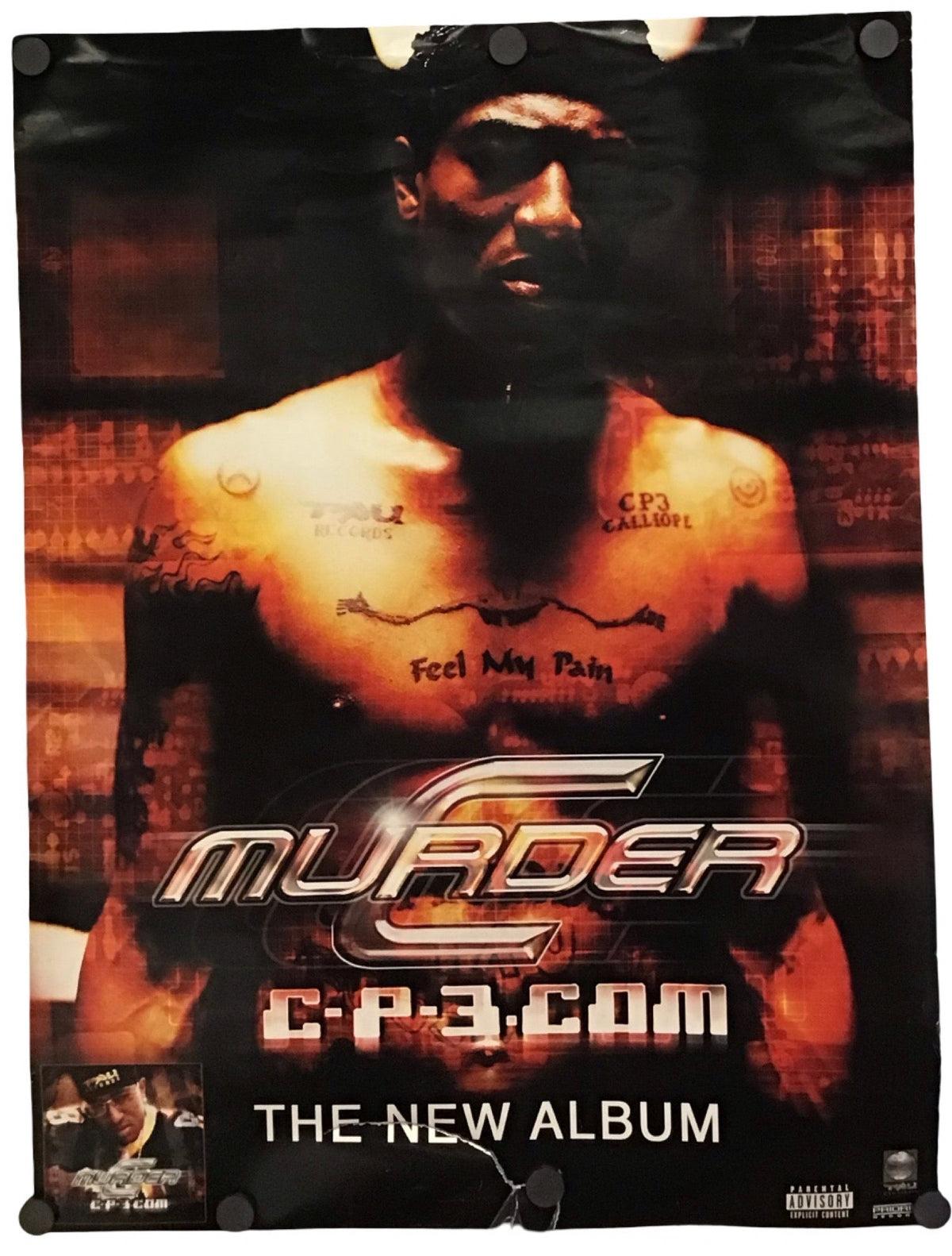 A vertical poster featuring a shirtless man with tattoos and the text 'MURDER', 'CP3.COM', and 'THE NEW ALBUM' on a dark brown and black background.