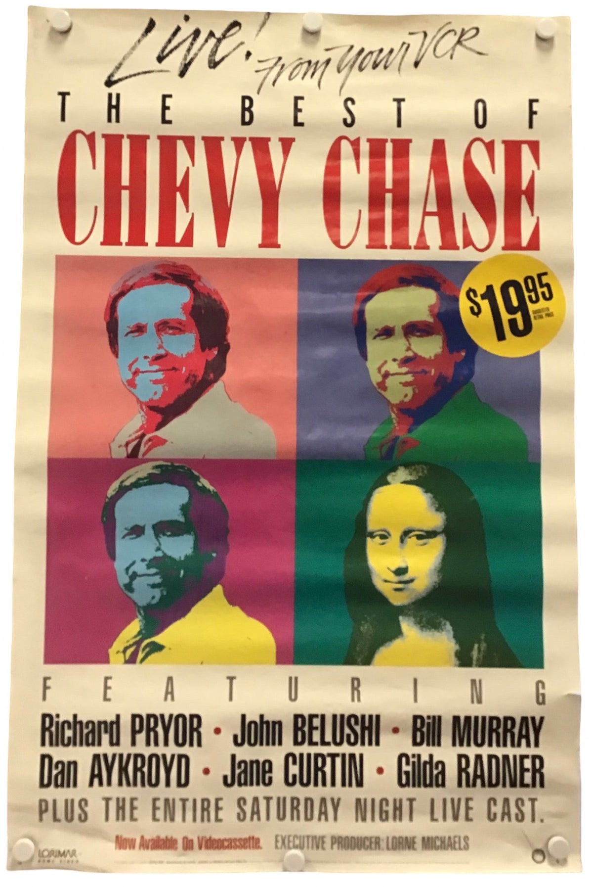 A vintage-style concert poster for Chevy Chase's 'Live in San Francisco' tour, featuring colorful pop-art portraits of Chevy Chase and other performers on a cream background with bold red and black text.