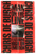 A red and black promotional poster for Chris DeBurgh's album 'Man on the Line', featuring bold black typography on a bright red background and a central inset photo of the artist performing.