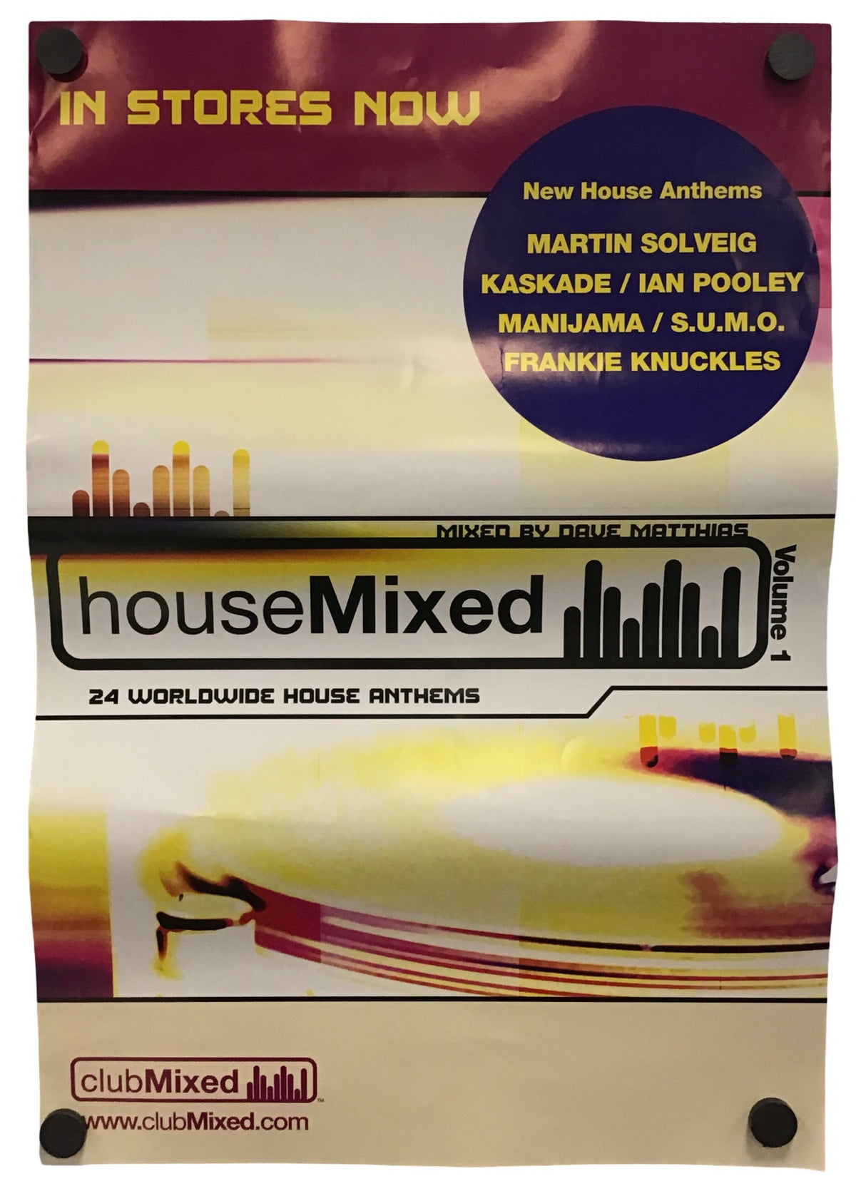 A physical poster or flyer for 'houseMixed Volume 1' featuring a collage of house music artists and a yellow vinyl record graphic, displayed against a white background with black binder clips at the corners.