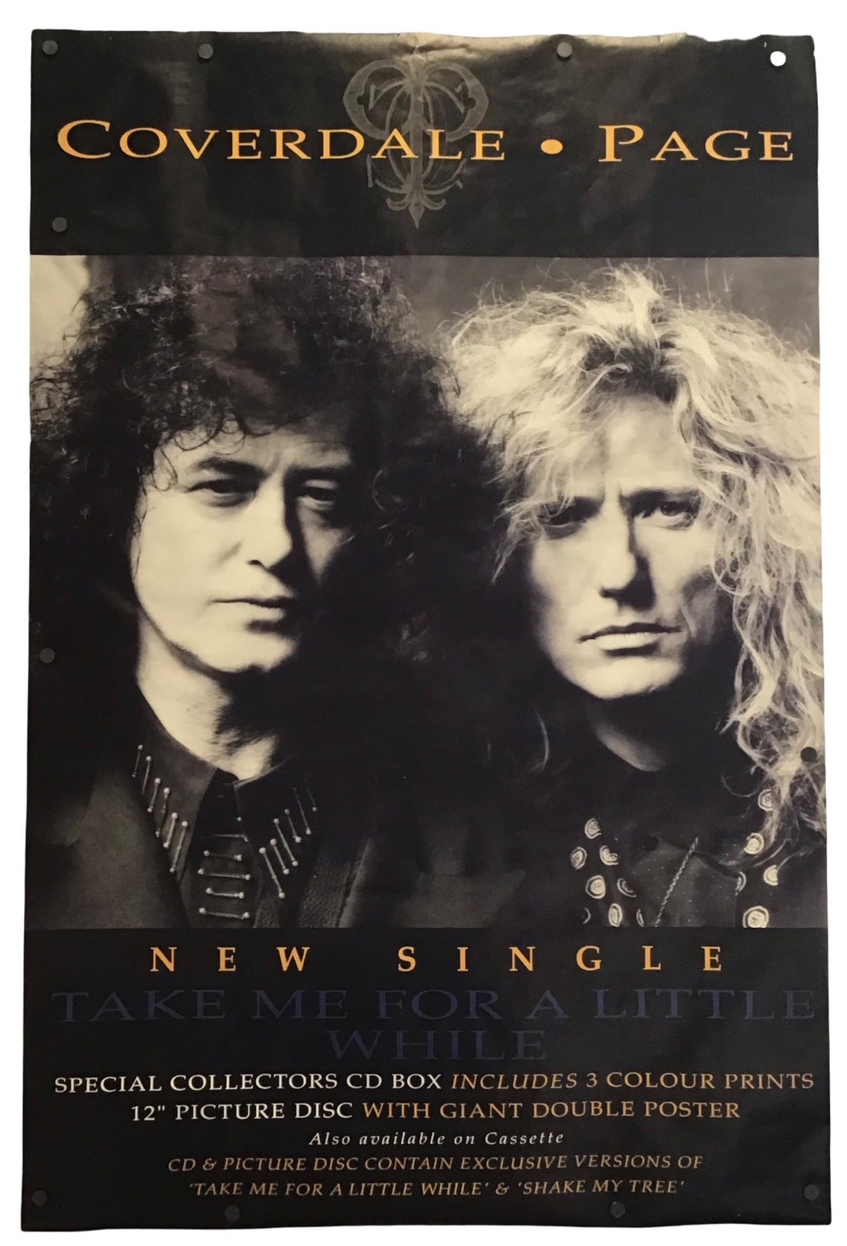 A vintage-style Coverdale Page 'New Single - Take Me For A Little While Longer' poster or album cover print, featuring black-and-white portraits of two people against a dark background with gold text, shown hanging against a white wall.