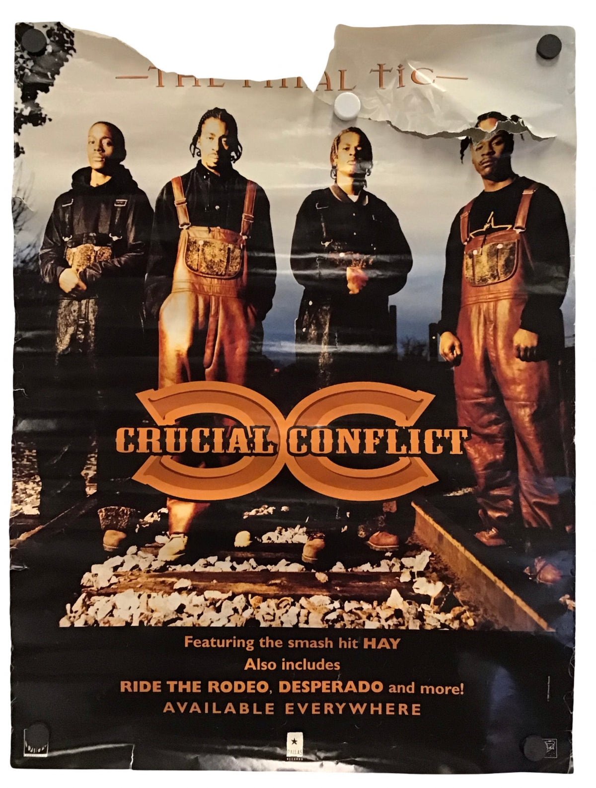 A vintage band poster for Crucial Conflict, featuring the band members in overalls against a dark background with the band's name in large orange letters. The poster has a torn, distressed look at the top and is shown against a plain white background.