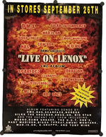 A vertical promotional poster for the album 'Live On Lenox' featuring a fiery red and orange background with black text and artist names. The poster includes a yellow burst reading 'In Stores September 26th' and is shown hanging against a white background.