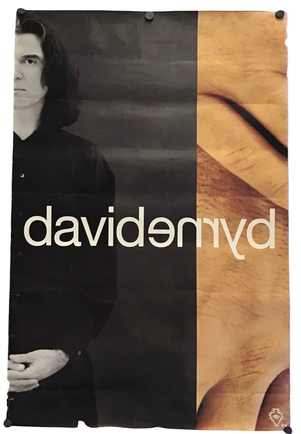 A vertical David Byrne poster featuring a black-and-white portrait of the band member on the left and a warm tan abstract background on the right, with the text 'davidenryb' printed across the center.