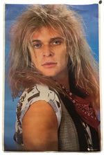 A vertical rectangular wall poster featuring a portrait of a person with long blonde hair against a blue background, shown hanging against a plain white wall.