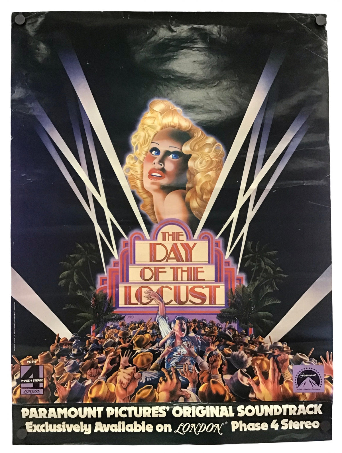 Vintage movie poster for 'The Day of the Locust' featuring a blonde woman's portrait, a large crowd at the bottom, and promotional text for a Paramount Pictures original soundtrack on London Phase 4 Stereo.