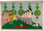 A vintage illustrated poster or print mounted on a beige wall with visible wall studs. The artwork shows a stylized outdoor scene with green trees, a green ground, a group of figures in white and gray uniforms, a figure in a yellow dress, and a red banner near the bottom.