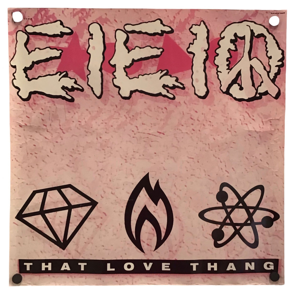 A square pink banner or flag featuring the band name 'EIE100' in a distressed cream and black font, with the words 'THAT LOVE THANG' at the bottom and three black symbols below. The banner is displayed flat against a solid white background.