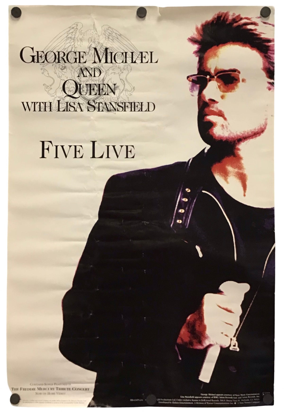 A vintage concert poster for George Michael and Queen with Lisa Stansfield's 'Five Live' performance, featuring a portrait of George Michael on a cream-colored background.