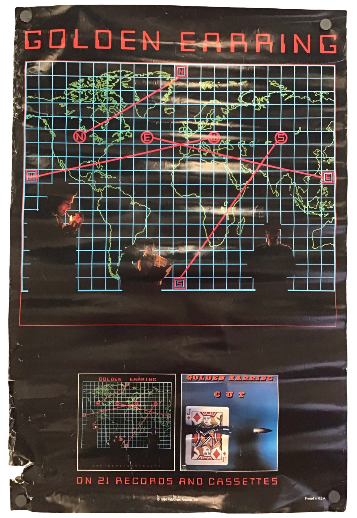 Vintage 'Golden Earring' promotional poster or print featuring a black background with a blue grid map, red title text, and small album-cover style images at the bottom.