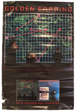 Vintage 'Golden Earring' promotional poster or print featuring a black background with a blue grid map, red title text, and small album-cover style images at the bottom.