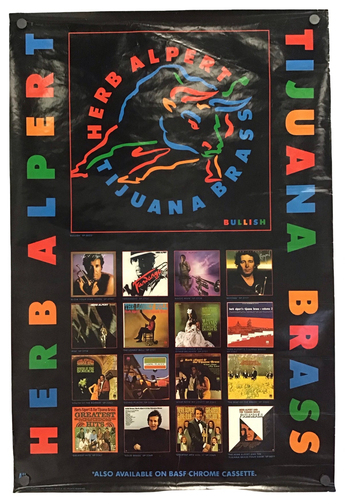 A vintage Herb Alpert & The Tijuana Brass promotional poster or album collage print, featuring a black background with large multicolored text, a central neon-style band logo, and a grid of album covers.