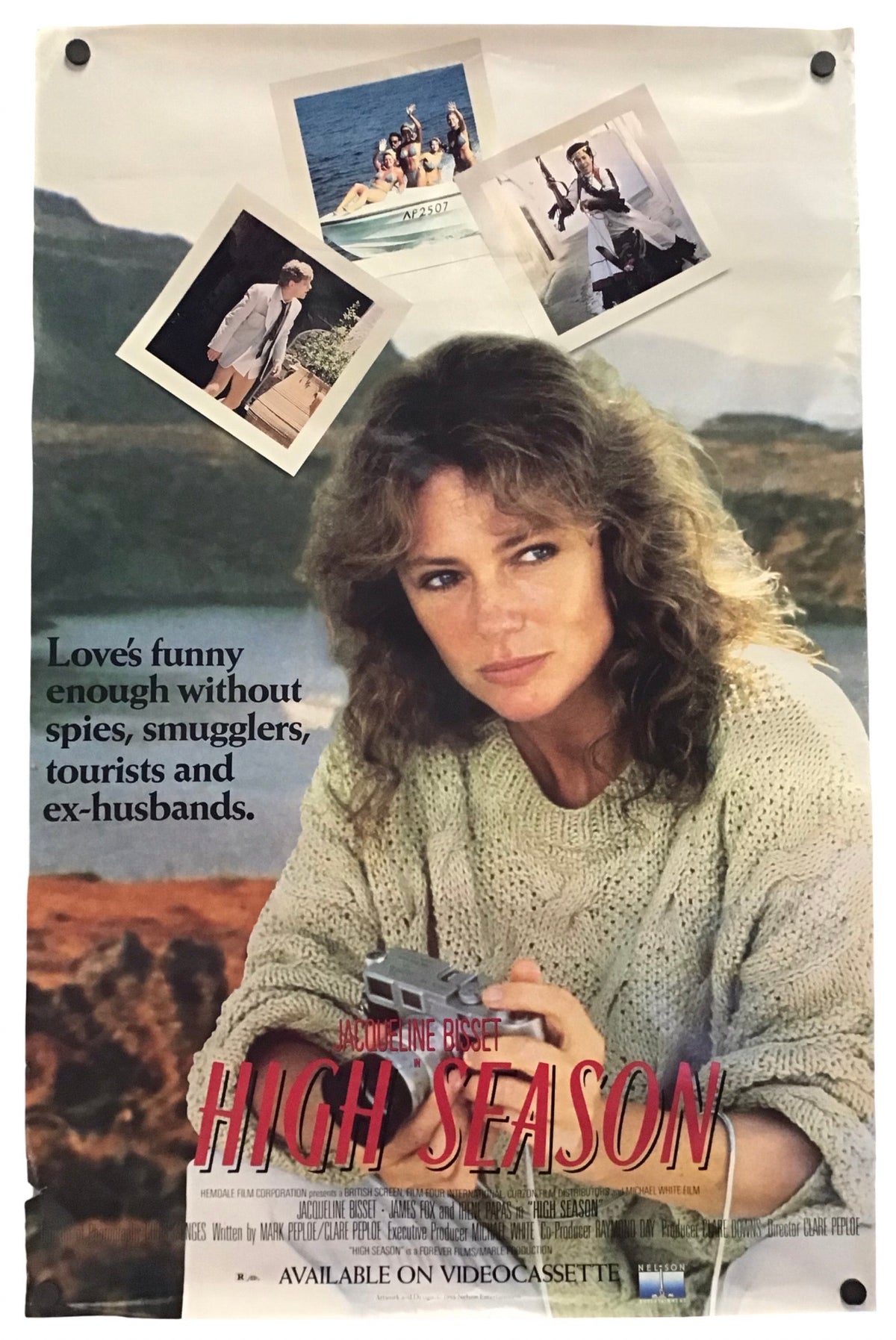 Vintage movie poster for the film 'High Season' featuring a woman in a knit sweater holding a camera, with three inset photos of people and red title text over a scenic outdoor background.
