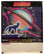 A vintage-style music poster for Jefferson Starship's Winds of Change tour, featuring a stylized blue wolf silhouette against a colorful ringed planet and starry space background. The poster includes text for songs 'Be My Lady', 'Winds of Change', 'I Will Stay', and 'Out of Control', with a cream-colored bottom border and black hanging clips.